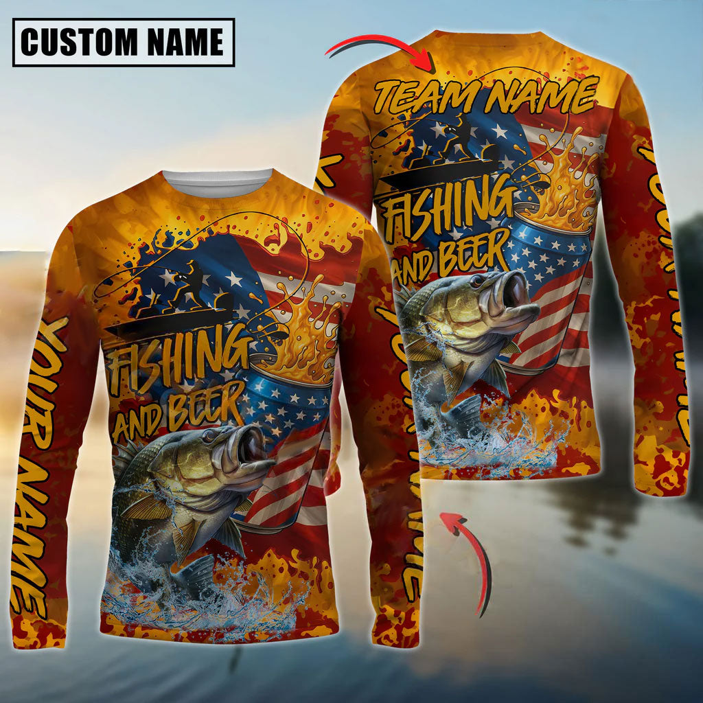 BlueJose Bass Fishing Beer Bottles & American Flag Design Custom Name & Team Name 3D Shirts