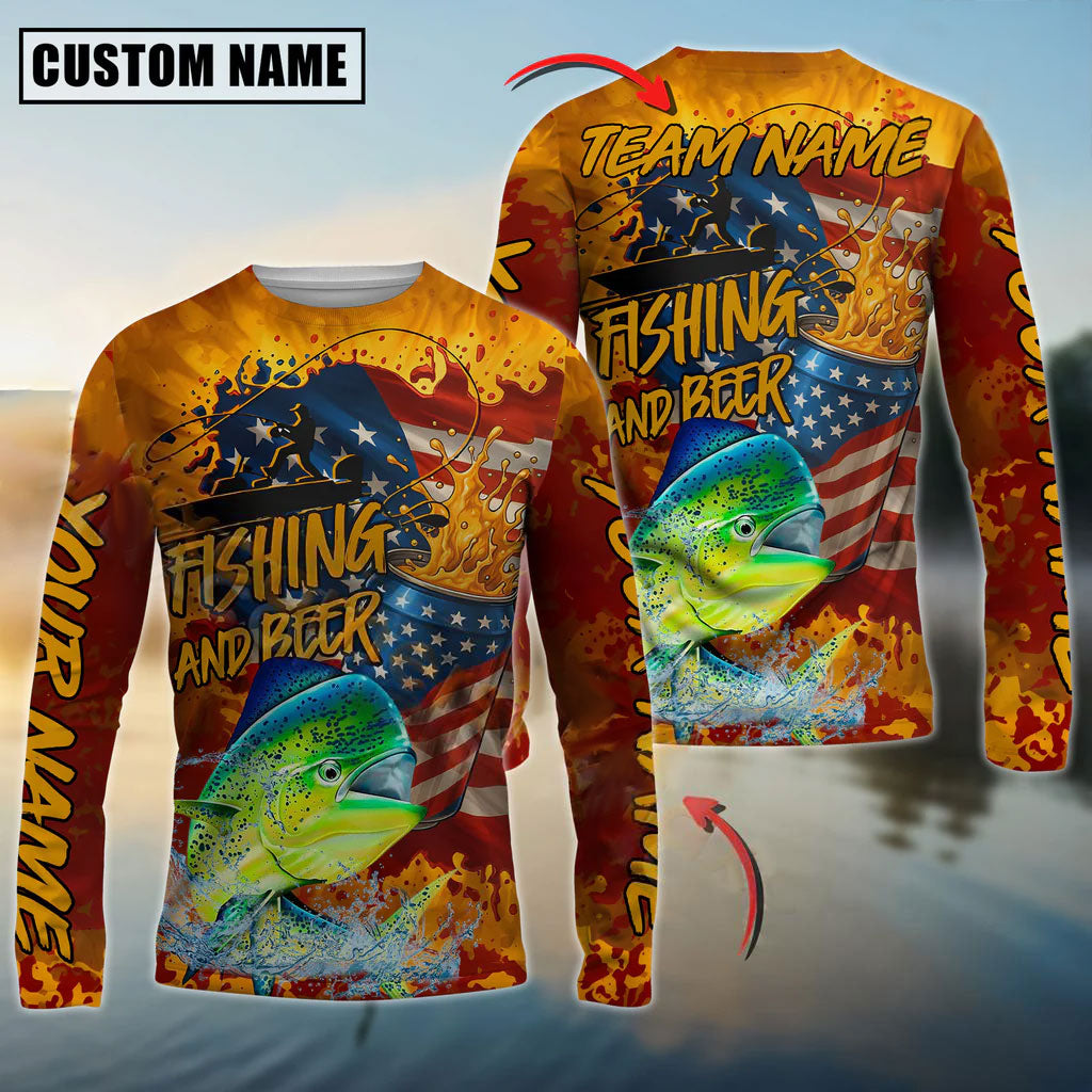 BlueJose Mahi-Mahi Fishing Beer Bottles & American Flag Design Custom Name & Team Name 3D Shirts