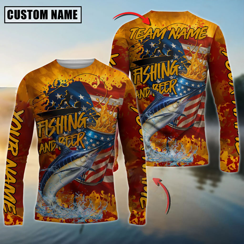 BlueJose Marlin Fishing Beer Bottles & American Flag Design Custom Name & Team Name 3D Shirts