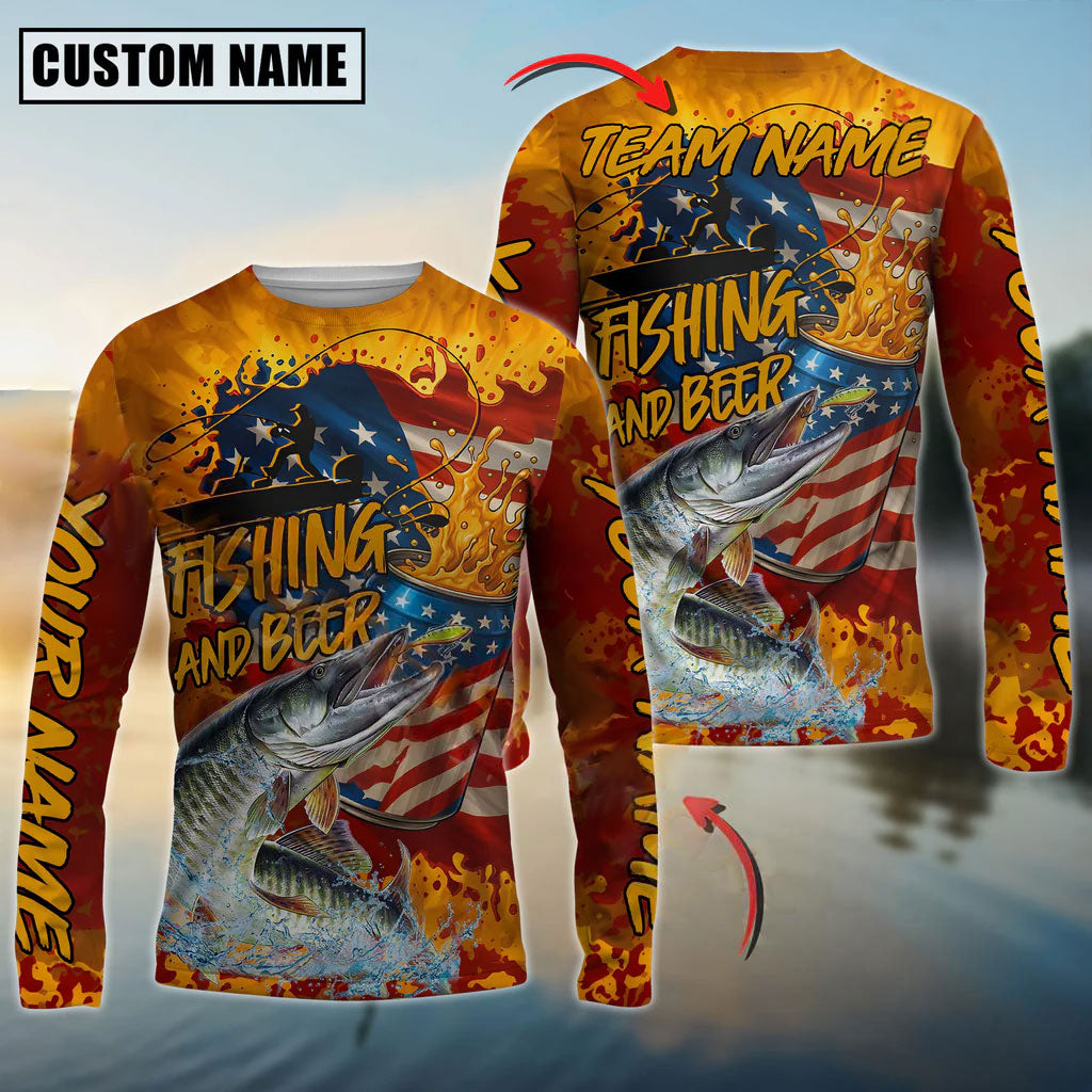 BlueJose Musky Fishing Beer Bottles & American Flag Design Custom Name & Team Name 3D Shirts