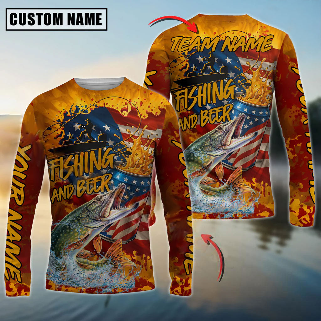 BlueJose Pike Fishing Beer Bottles & American Flag Design Custom Name & Team Name 3D Shirts