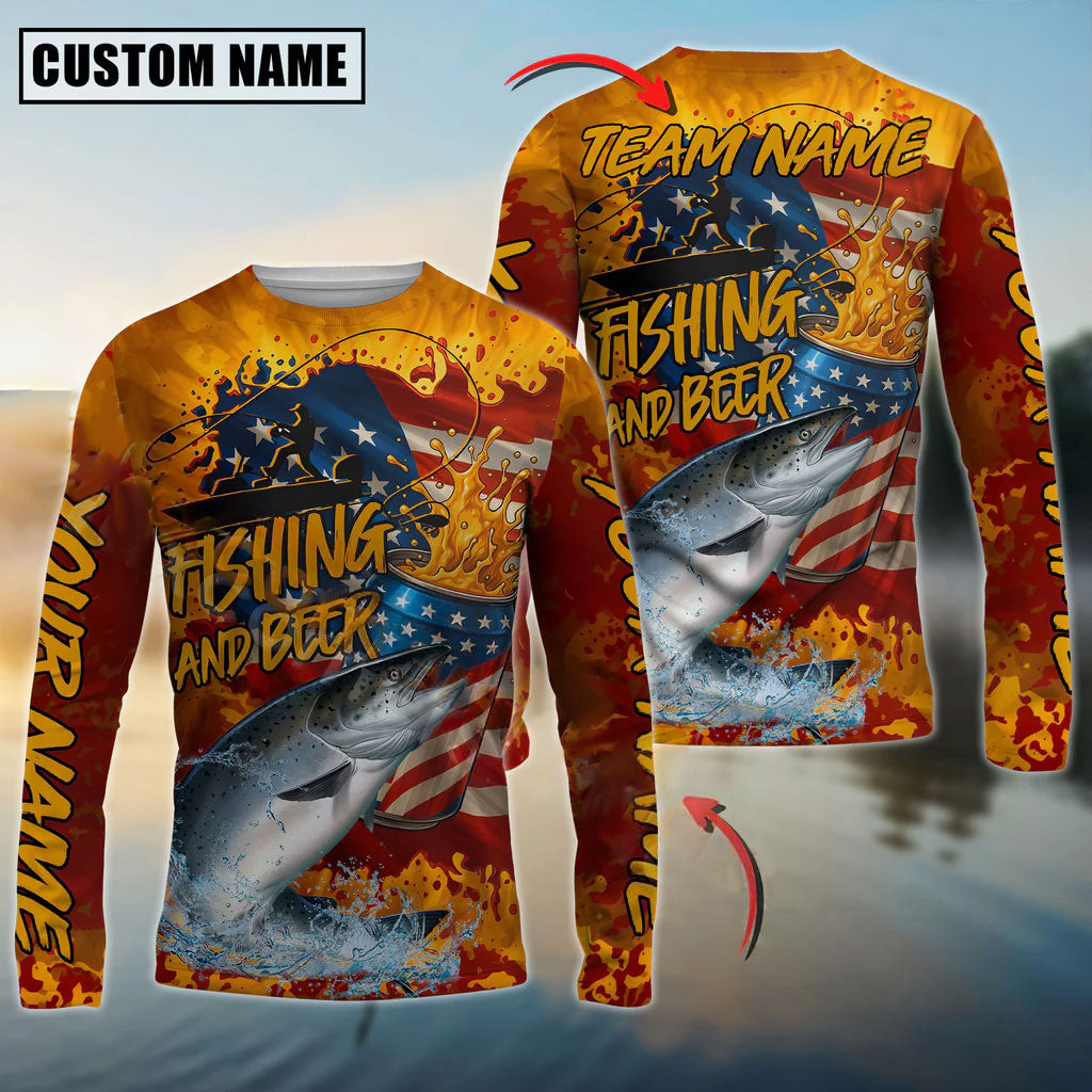 BlueJose Salmon Fishing Beer Bottles & American Flag Design Custom Name & Team Name 3D Shirts