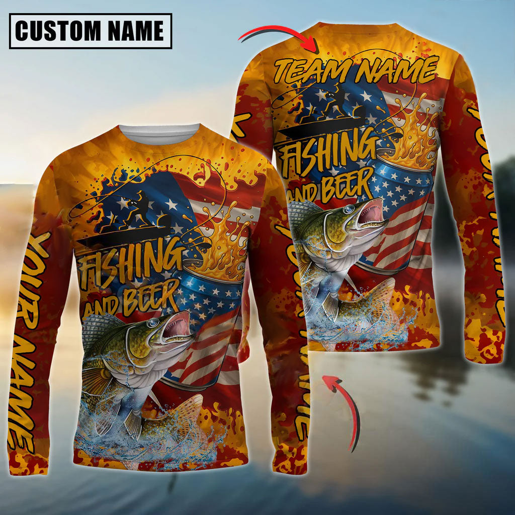 BlueJose Walleye Fishing Beer Bottles & American Flag Design Custom Name & Team Name 3D Shirts