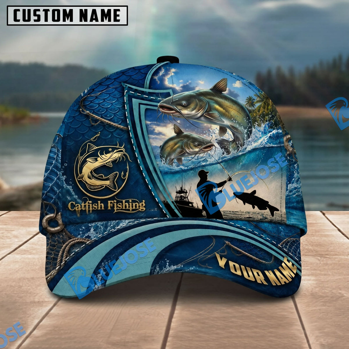 BlueJose Fishing Deep Blue Ocean Patch Personalized Name Classic 3D Cap Personalized Cap (13 Breeds)