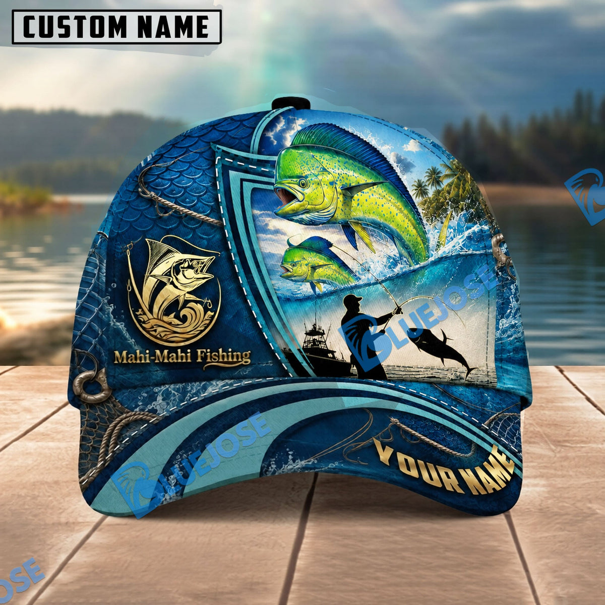 BlueJose Fishing Deep Blue Ocean Patch Personalized Name Classic 3D Cap Personalized Cap (13 Breeds)