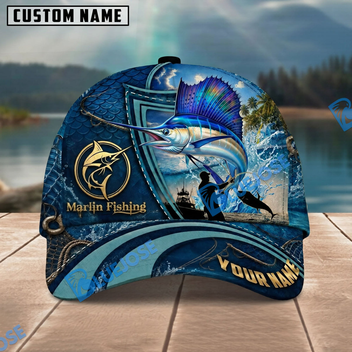 BlueJose Fishing Deep Blue Ocean Patch Personalized Name Classic 3D Cap Personalized Cap (13 Breeds)