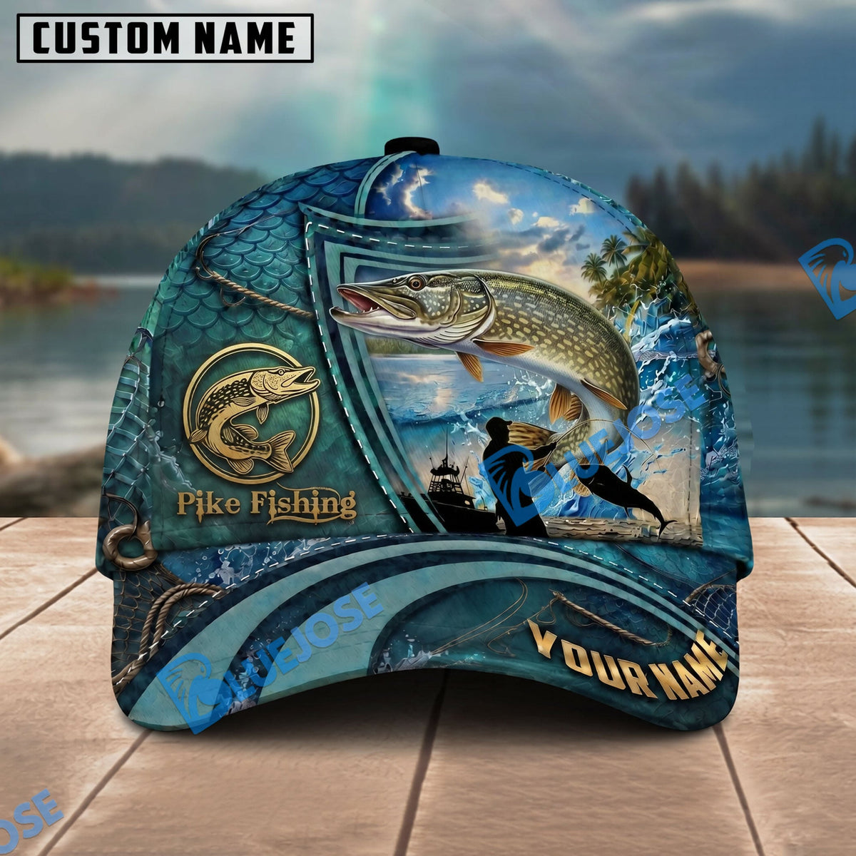 BlueJose Fishing Deep Blue Ocean Patch Personalized Name Classic 3D Cap Personalized Cap (13 Breeds)
