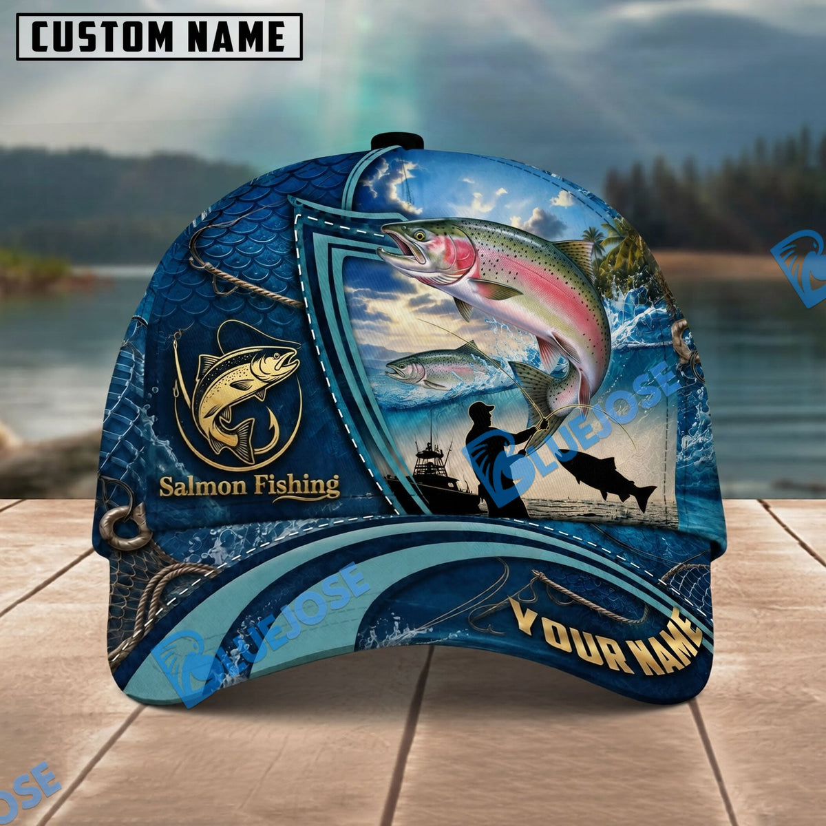 BlueJose Fishing Deep Blue Ocean Patch Personalized Name Classic 3D Cap Personalized Cap (13 Breeds)