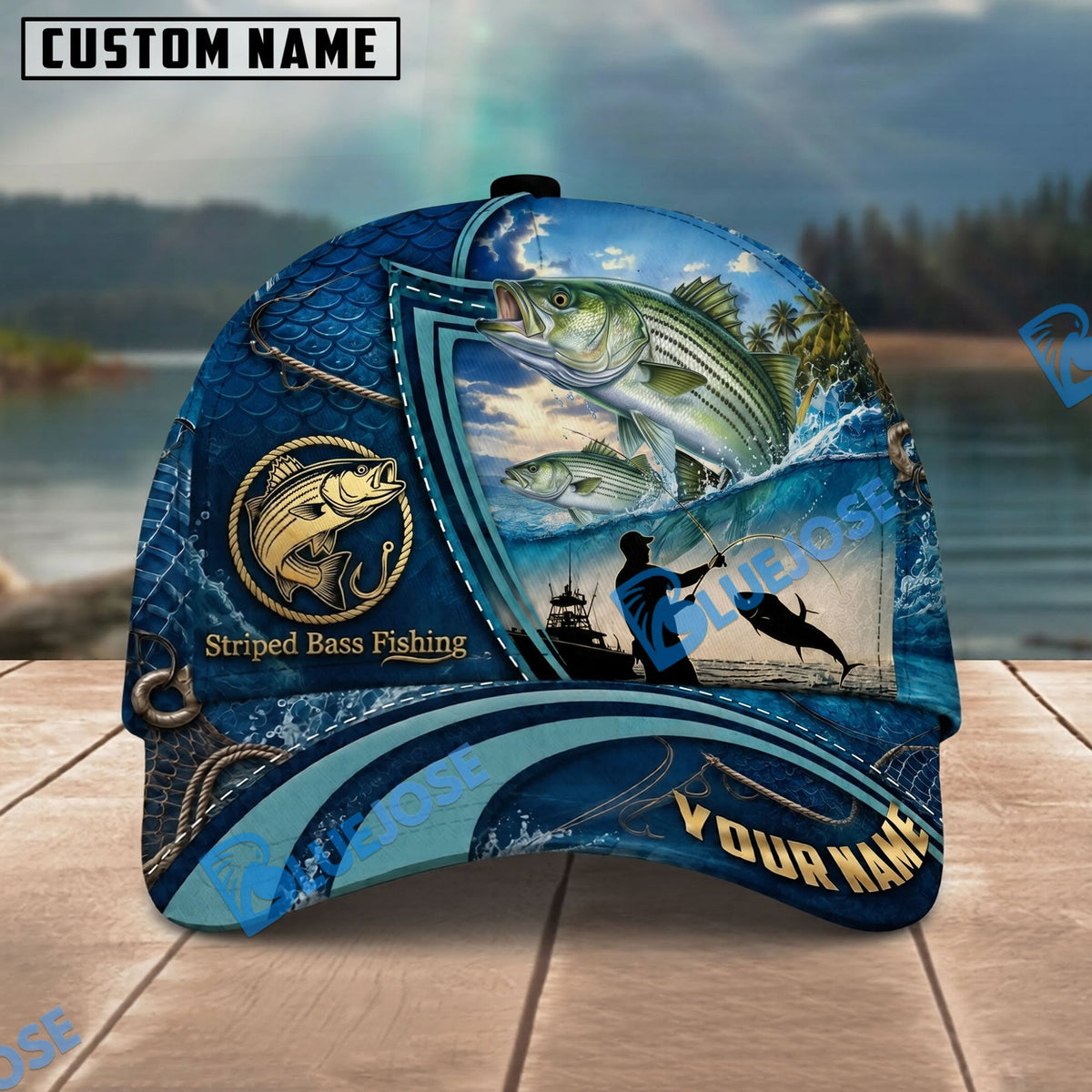 BlueJose Fishing Deep Blue Ocean Patch Personalized Name Classic 3D Cap Personalized Cap (13 Breeds)