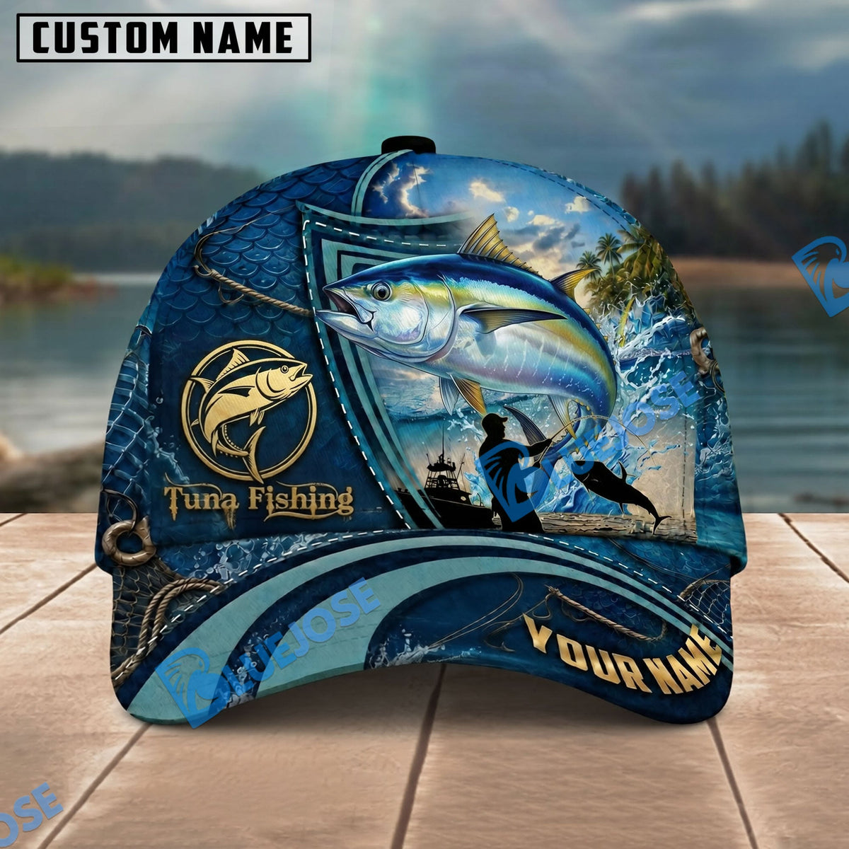 BlueJose Fishing Deep Blue Ocean Patch Personalized Name Classic 3D Cap Personalized Cap (13 Breeds)