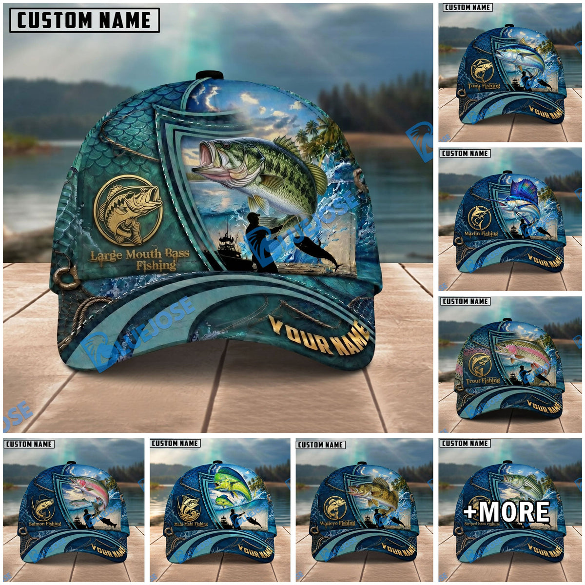 BlueJose Fishing Deep Blue Ocean Patch Personalized Name Classic 3D Cap Personalized Cap (13 Breeds)