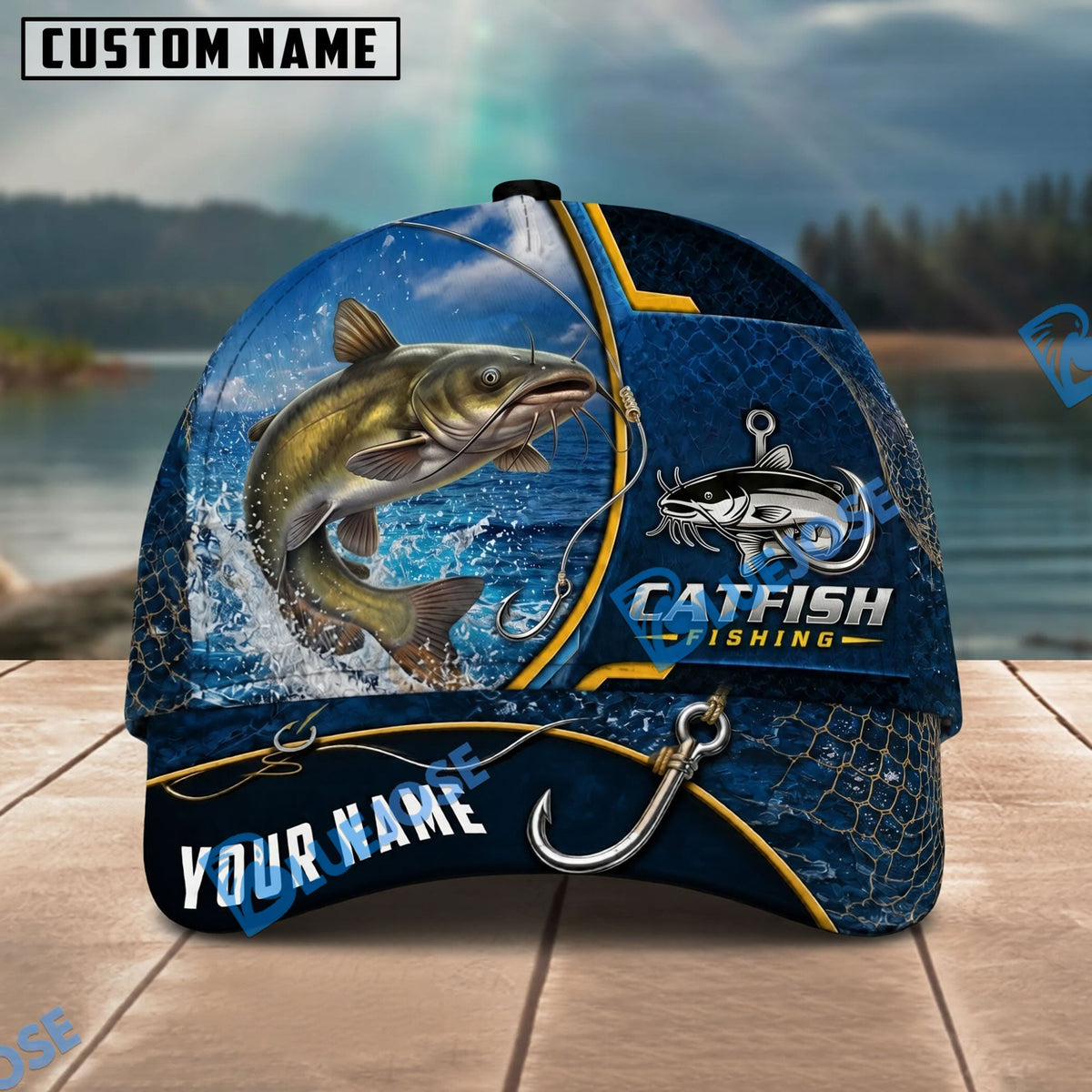 BlueJose Fishing Navy Bright Hook Personalized Name Classic 3D Cap Personalized Cap (13 Breeds)