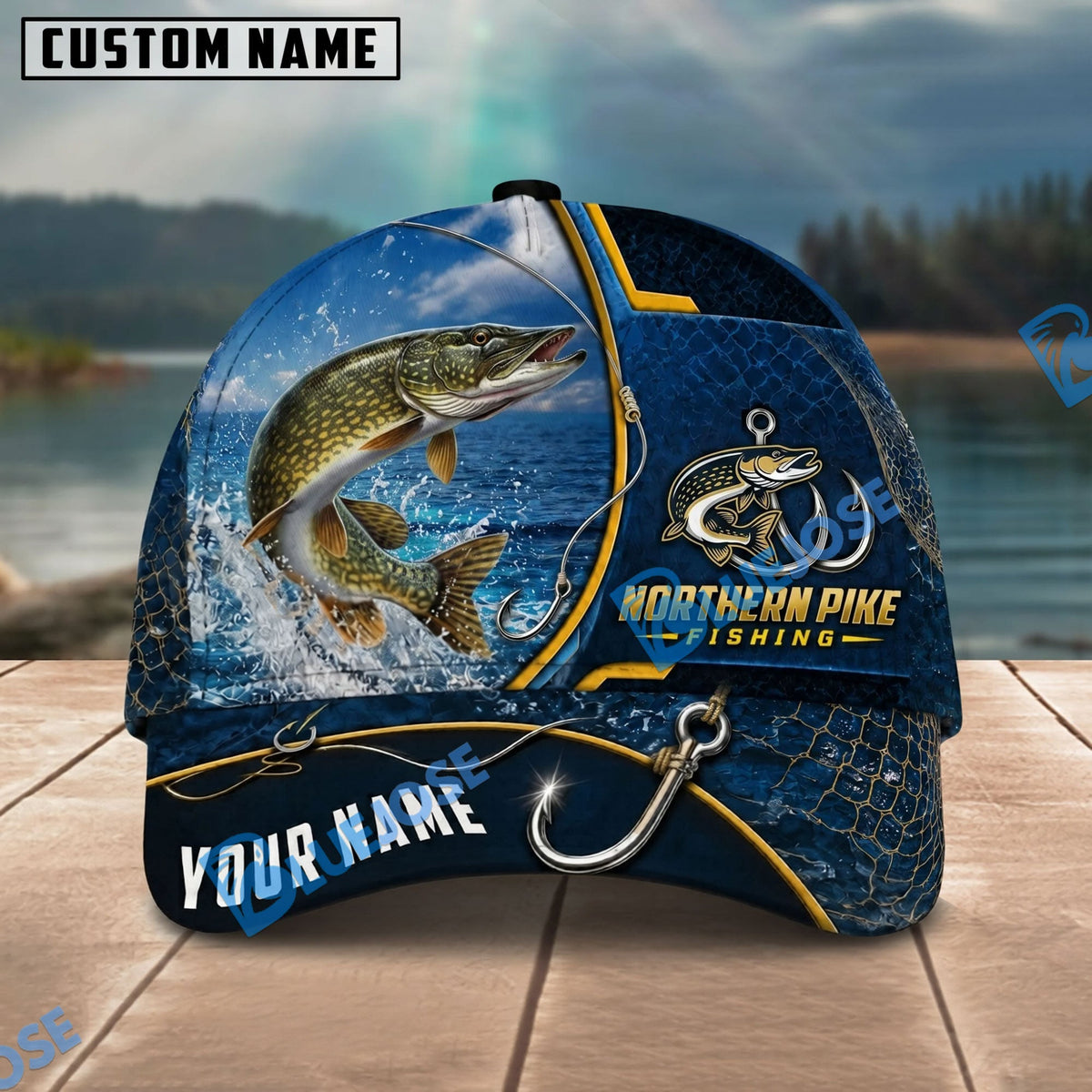 BlueJose Fishing Navy Bright Hook Personalized Name Classic 3D Cap Personalized Cap (13 Breeds)