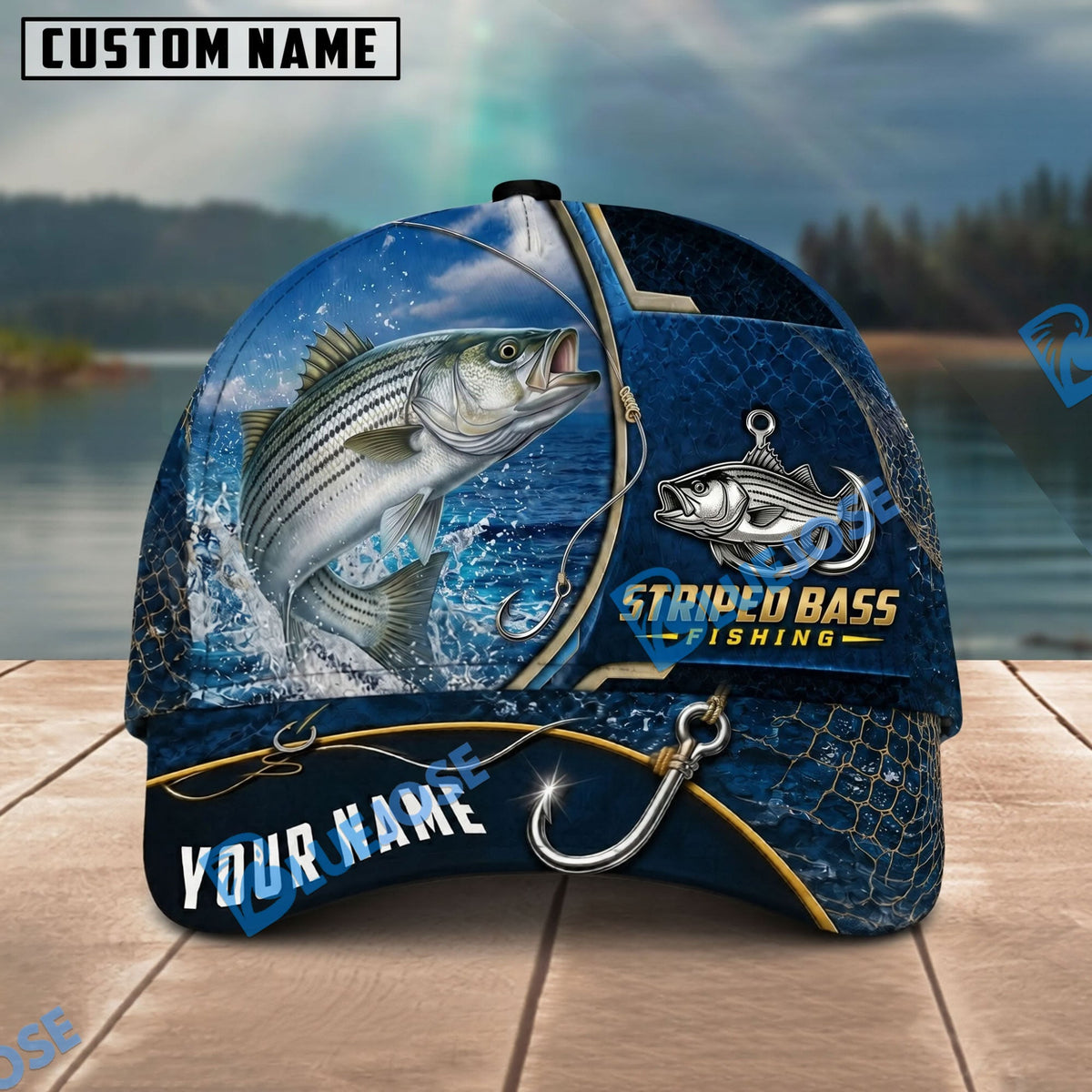 BlueJose Fishing Navy Bright Hook Personalized Name Classic 3D Cap Personalized Cap (13 Breeds)