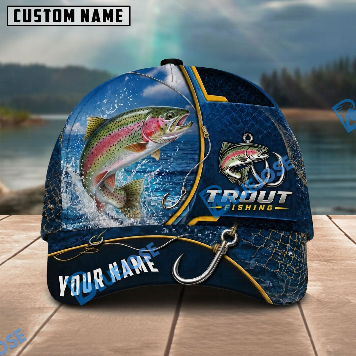 BlueJose Fishing Navy Bright Hook Personalized Name Classic 3D Cap Personalized Cap (13 Breeds)