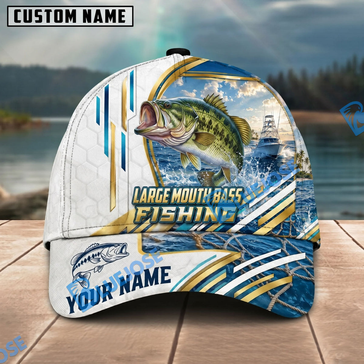 BlueJose Fishing White Hexagon Gold Line Offshore Boat Personalized Name Classic 3D Cap Personalized Cap (13 Breeds)