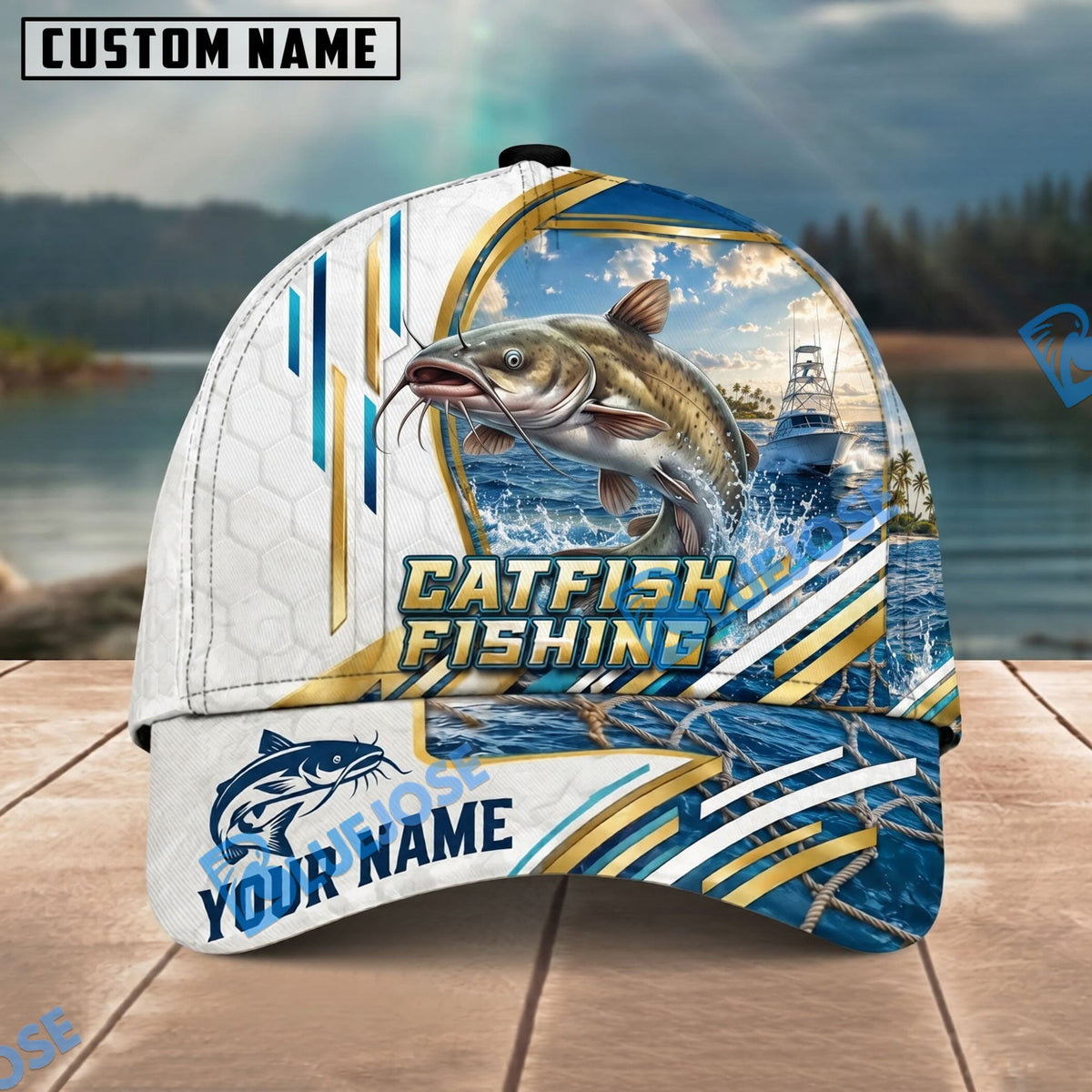 BlueJose Fishing White Hexagon Gold Line Offshore Boat Personalized Name Classic 3D Cap Personalized Cap (13 Breeds)