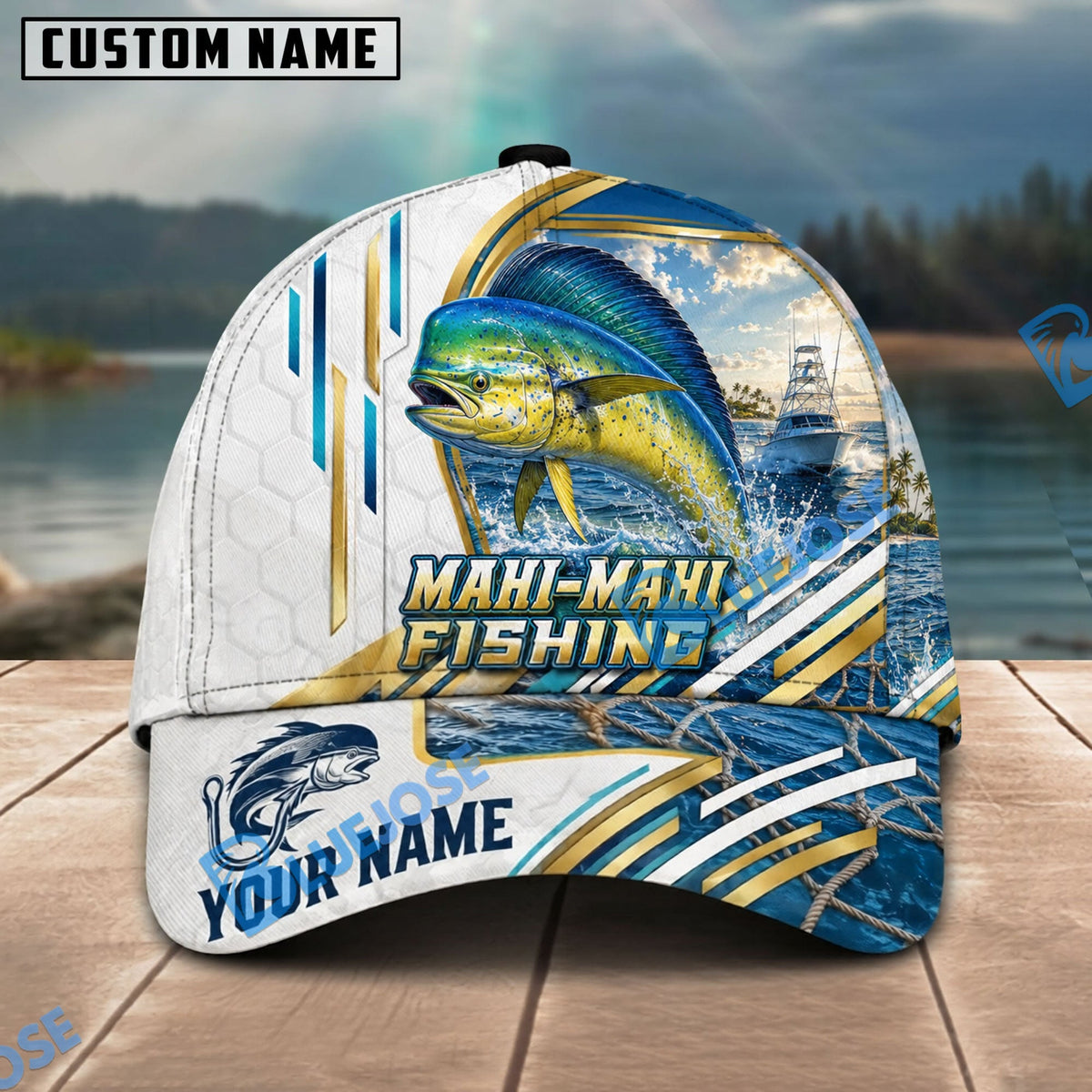 BlueJose Fishing White Hexagon Gold Line Offshore Boat Personalized Name Classic 3D Cap Personalized Cap (13 Breeds)