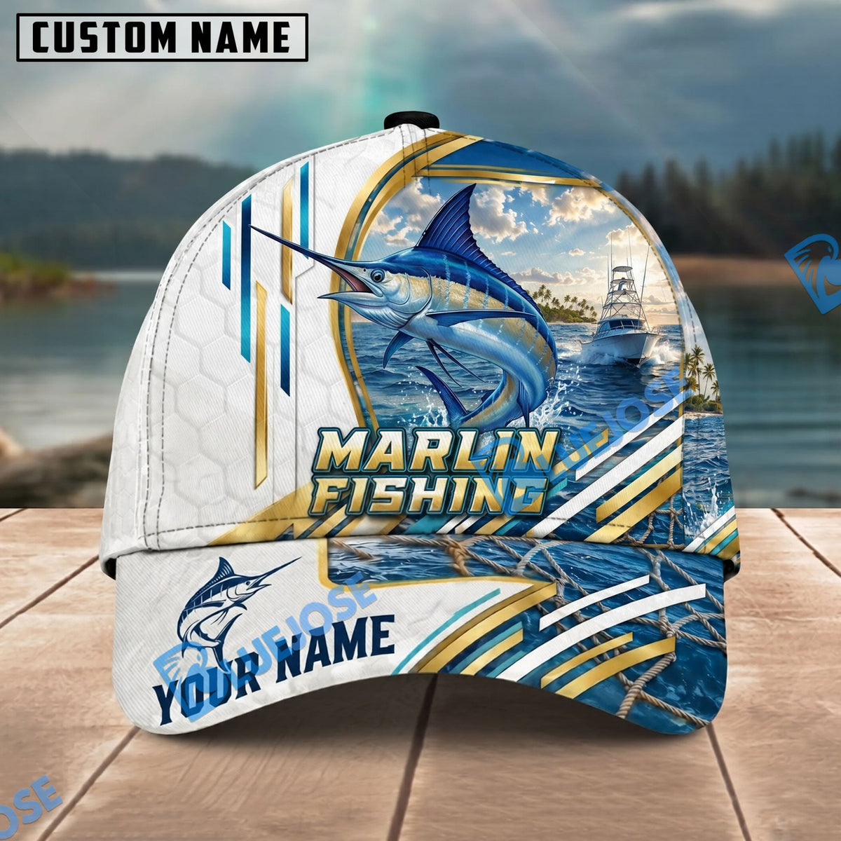 BlueJose Fishing White Hexagon Gold Line Offshore Boat Personalized Name Classic 3D Cap Personalized Cap (13 Breeds)