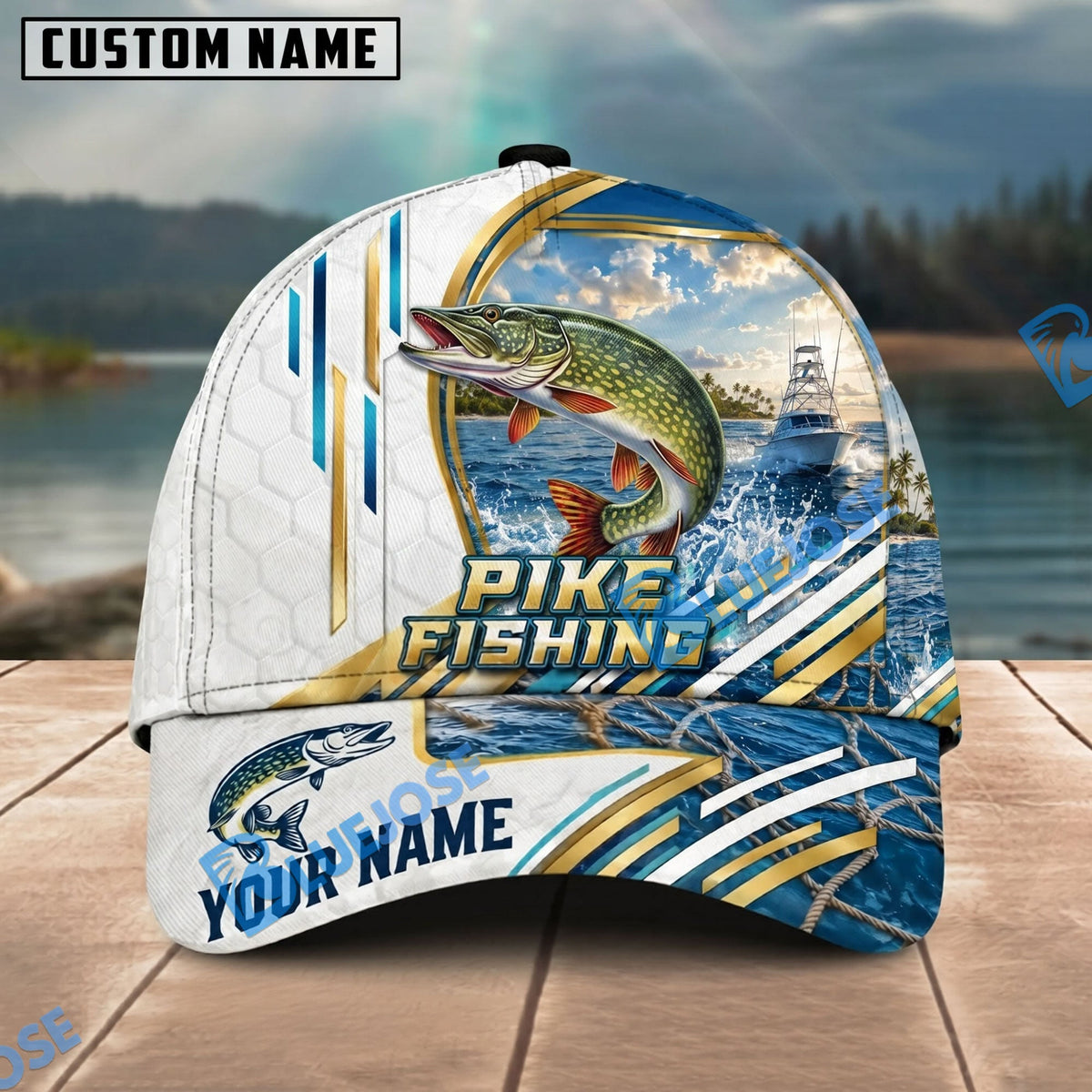 BlueJose Fishing White Hexagon Gold Line Offshore Boat Personalized Name Classic 3D Cap Personalized Cap (13 Breeds)