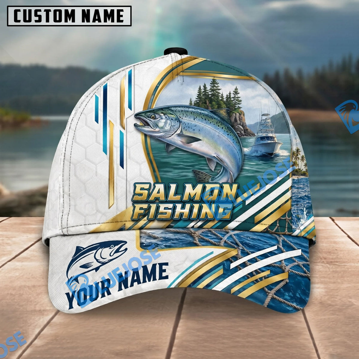 BlueJose Fishing White Hexagon Gold Line Offshore Boat Personalized Name Classic 3D Cap Personalized Cap (13 Breeds)