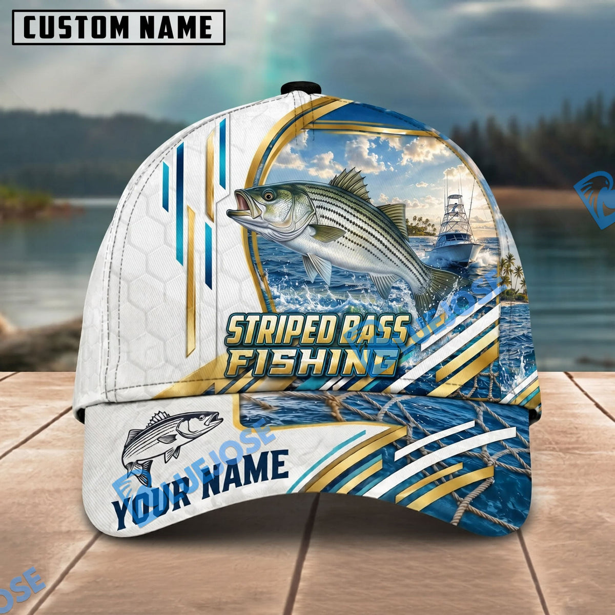 BlueJose Fishing White Hexagon Gold Line Offshore Boat Personalized Name Classic 3D Cap Personalized Cap (13 Breeds)