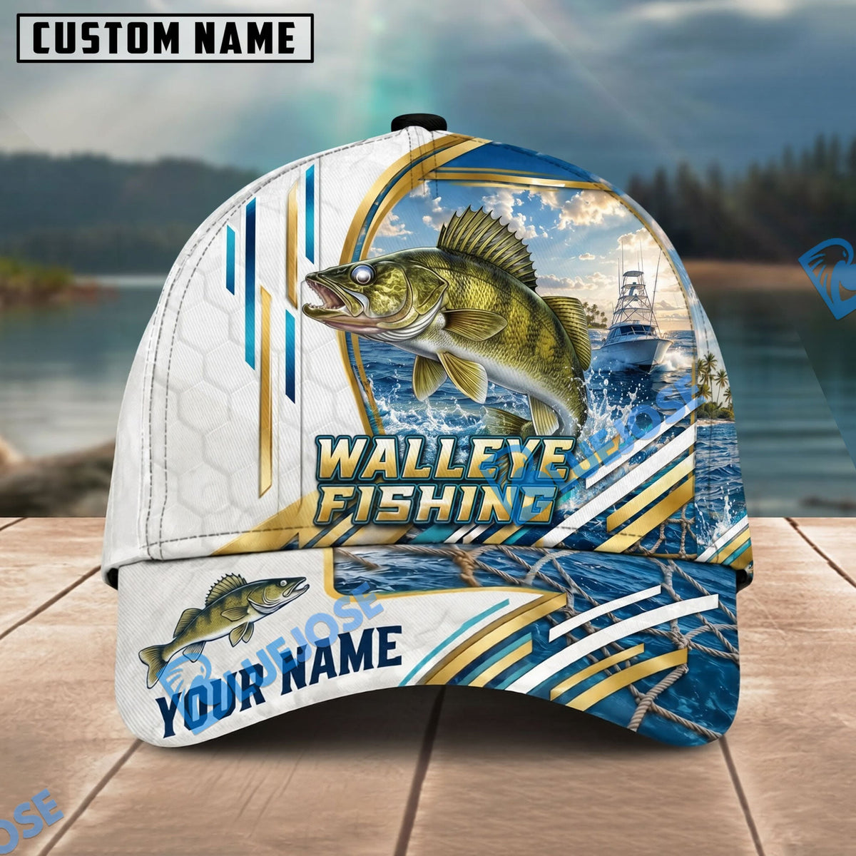 BlueJose Fishing White Hexagon Gold Line Offshore Boat Personalized Name Classic 3D Cap Personalized Cap (13 Breeds)