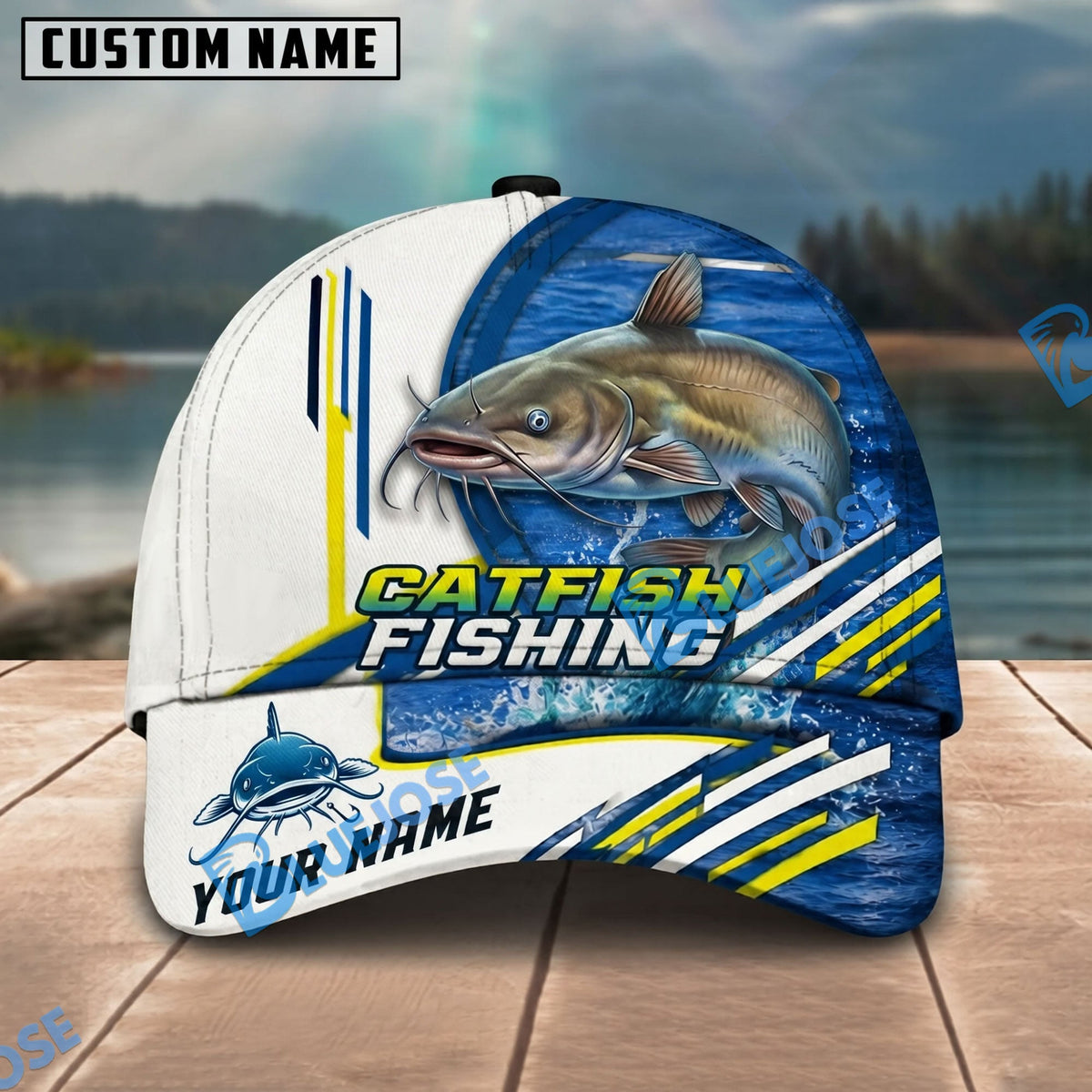 BlueJose Fishing White Multi Line Pattern Personalized Name Classic 3D Cap Personalized Cap (13 Breeds)