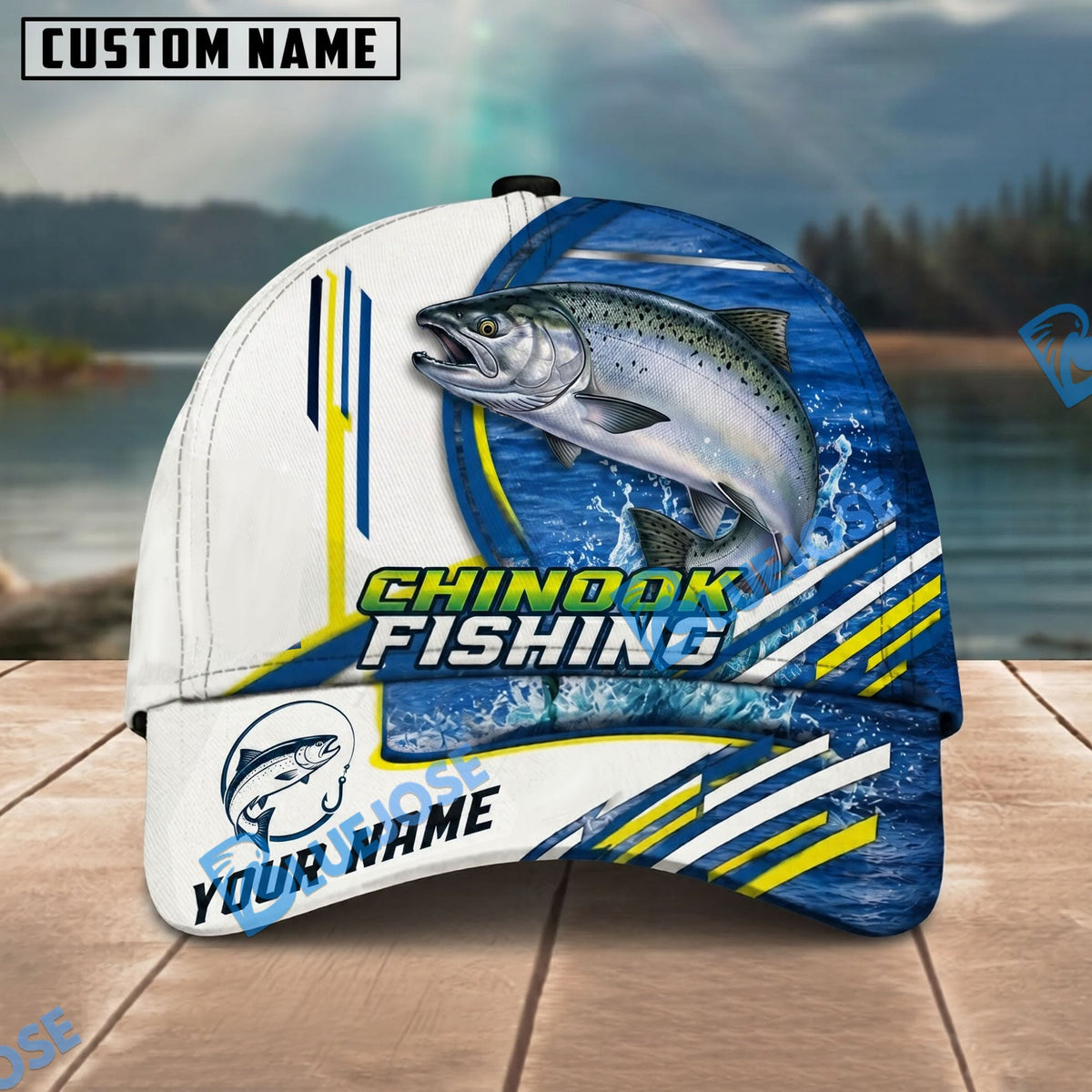 BlueJose Fishing White Multi Line Pattern Personalized Name Classic 3D Cap Personalized Cap (13 Breeds)