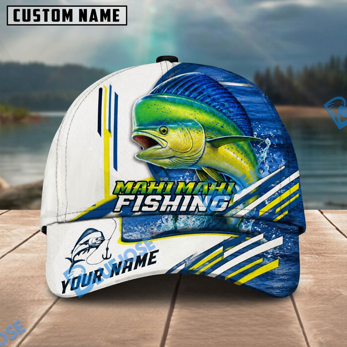 BlueJose Fishing White Multi Line Pattern Personalized Name Classic 3D Cap Personalized Cap (13 Breeds)