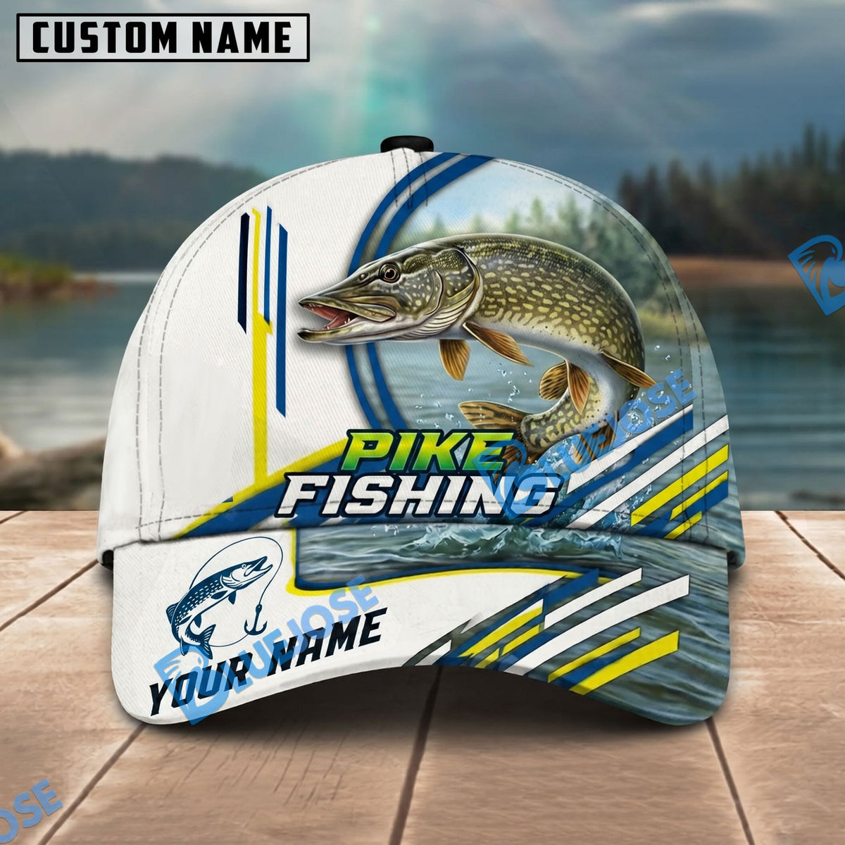 BlueJose Fishing White Multi Line Pattern Personalized Name Classic 3D Cap Personalized Cap (13 Breeds)