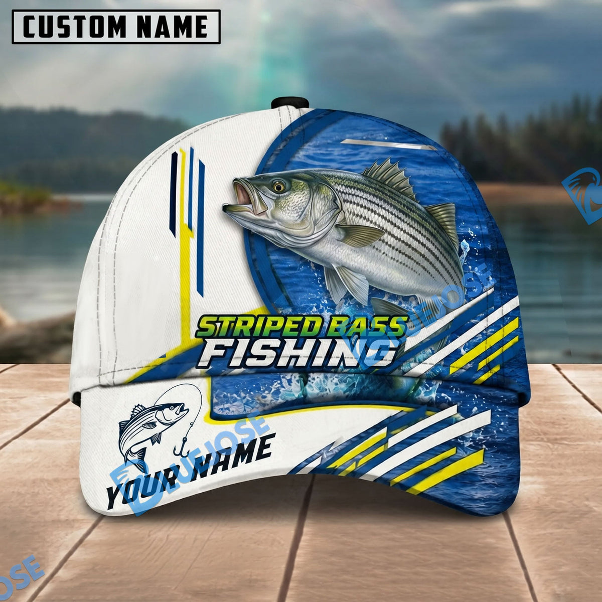 BlueJose Fishing White Multi Line Pattern Personalized Name Classic 3D Cap Personalized Cap (13 Breeds)