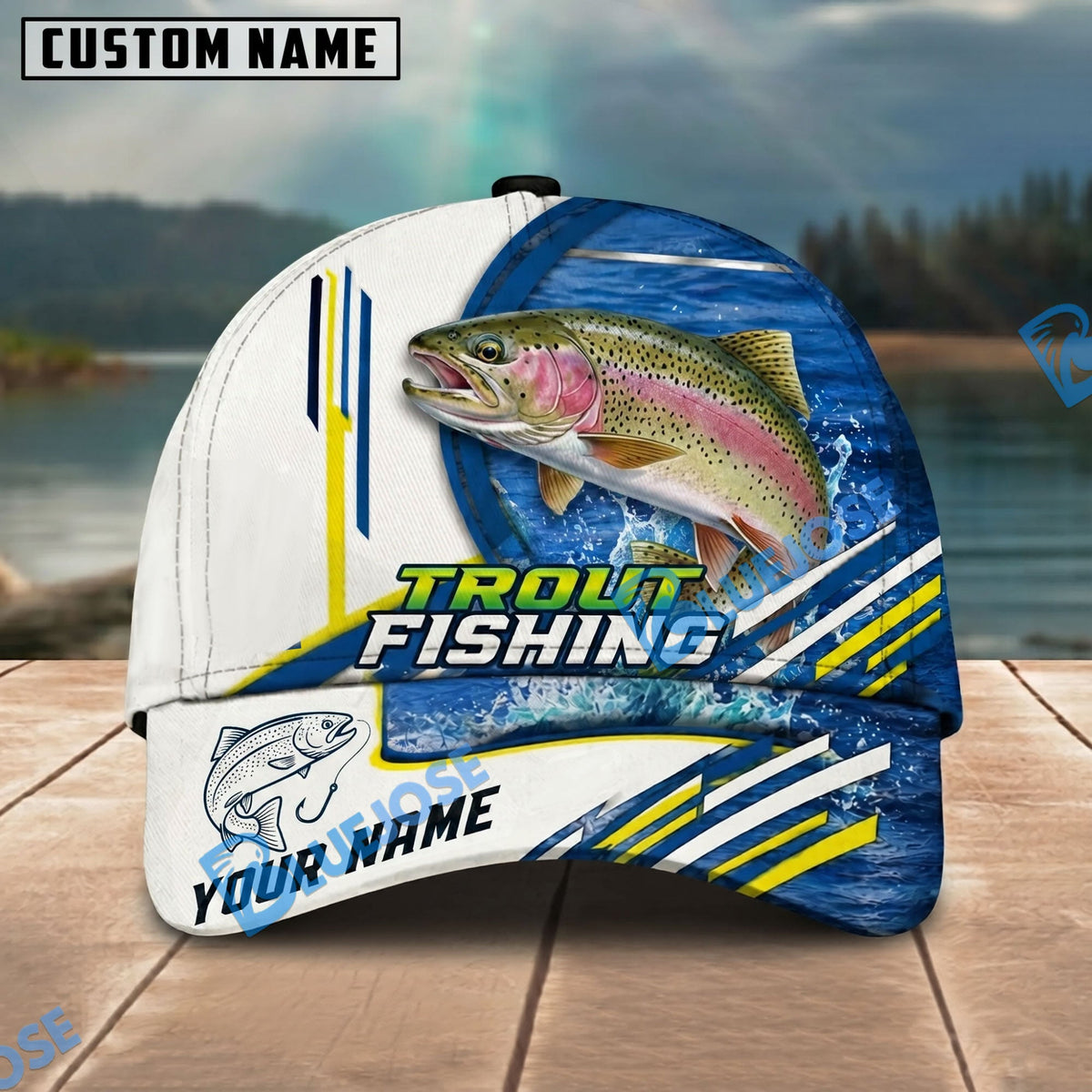 BlueJose Fishing White Multi Line Pattern Personalized Name Classic 3D Cap Personalized Cap (13 Breeds)