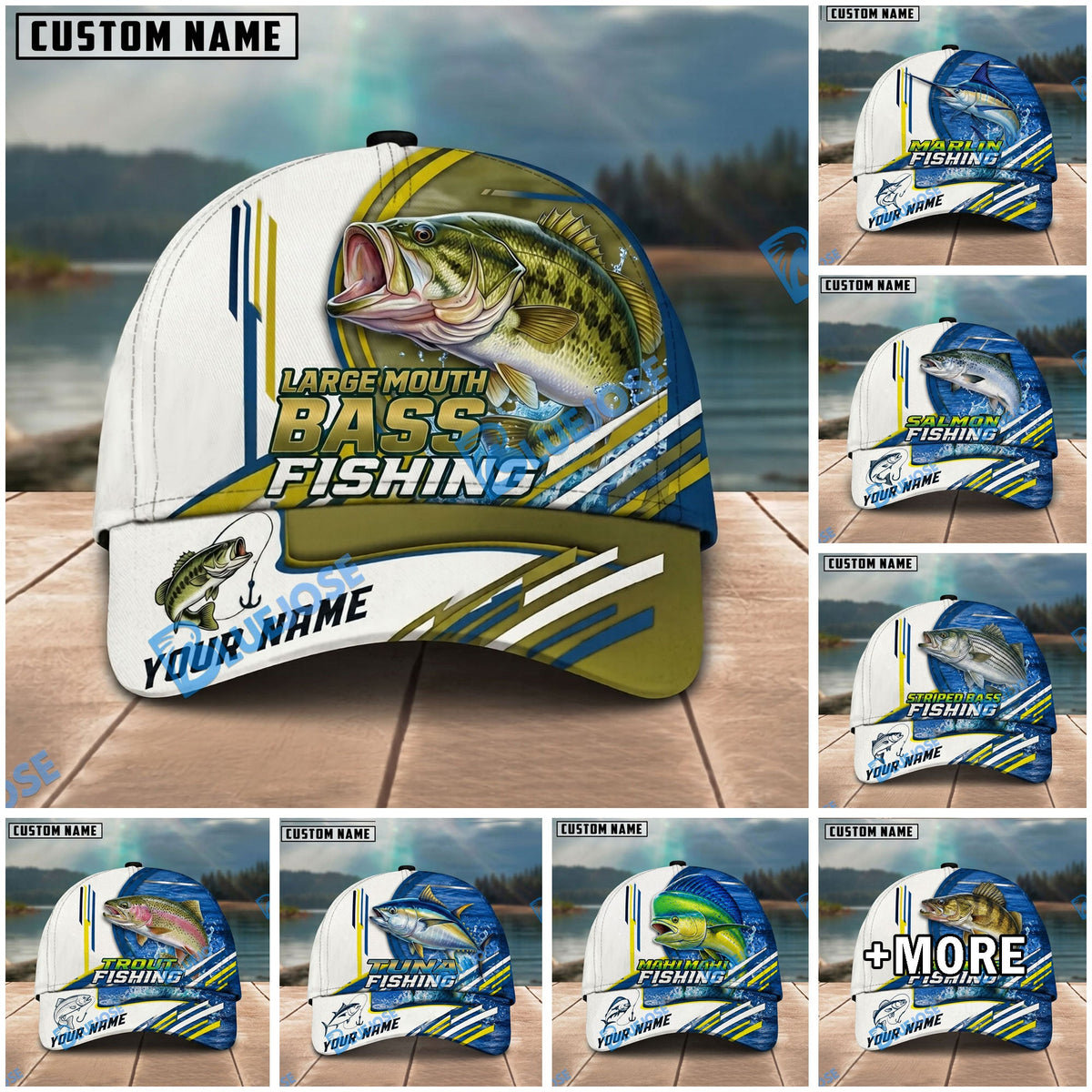 BlueJose Fishing White Multi Line Pattern Personalized Name Classic 3D Cap Personalized Cap (13 Breeds)
