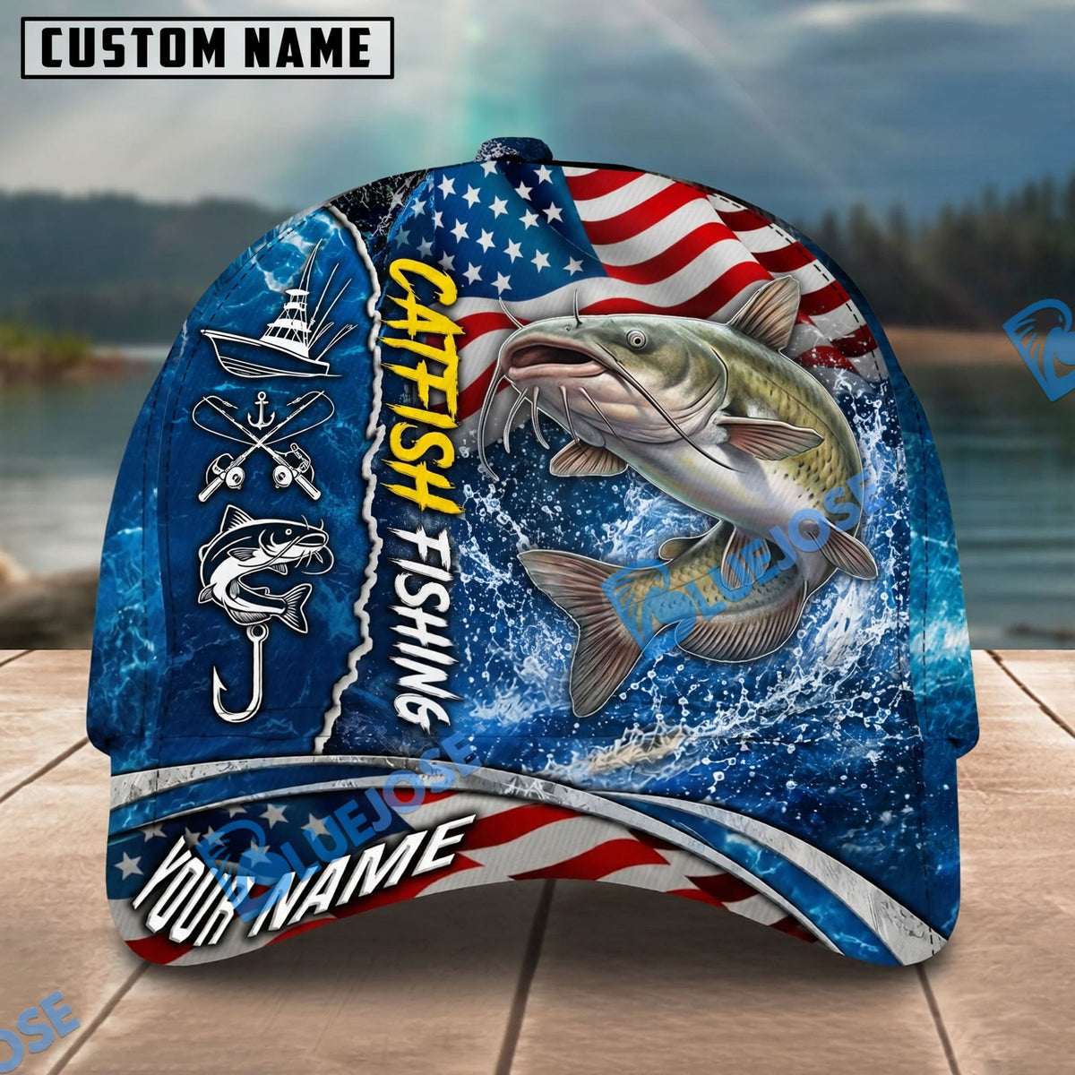 BlueJose Fishing American Flag Blue Ocean Personalized Name Classic 3D Cap Personalized Cap (13 Breeds)
