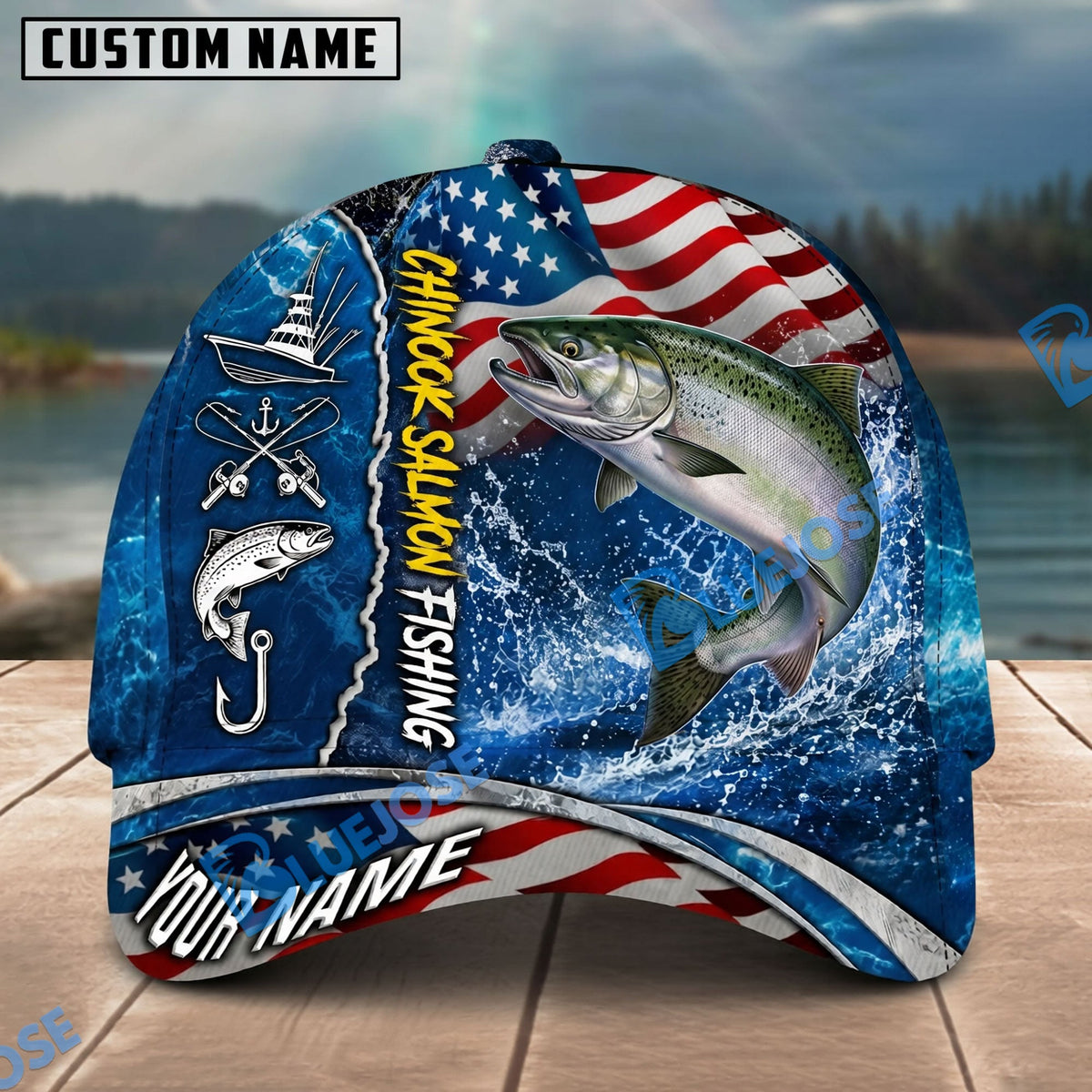 BlueJose Fishing American Flag Blue Ocean Personalized Name Classic 3D Cap Personalized Cap (13 Breeds)