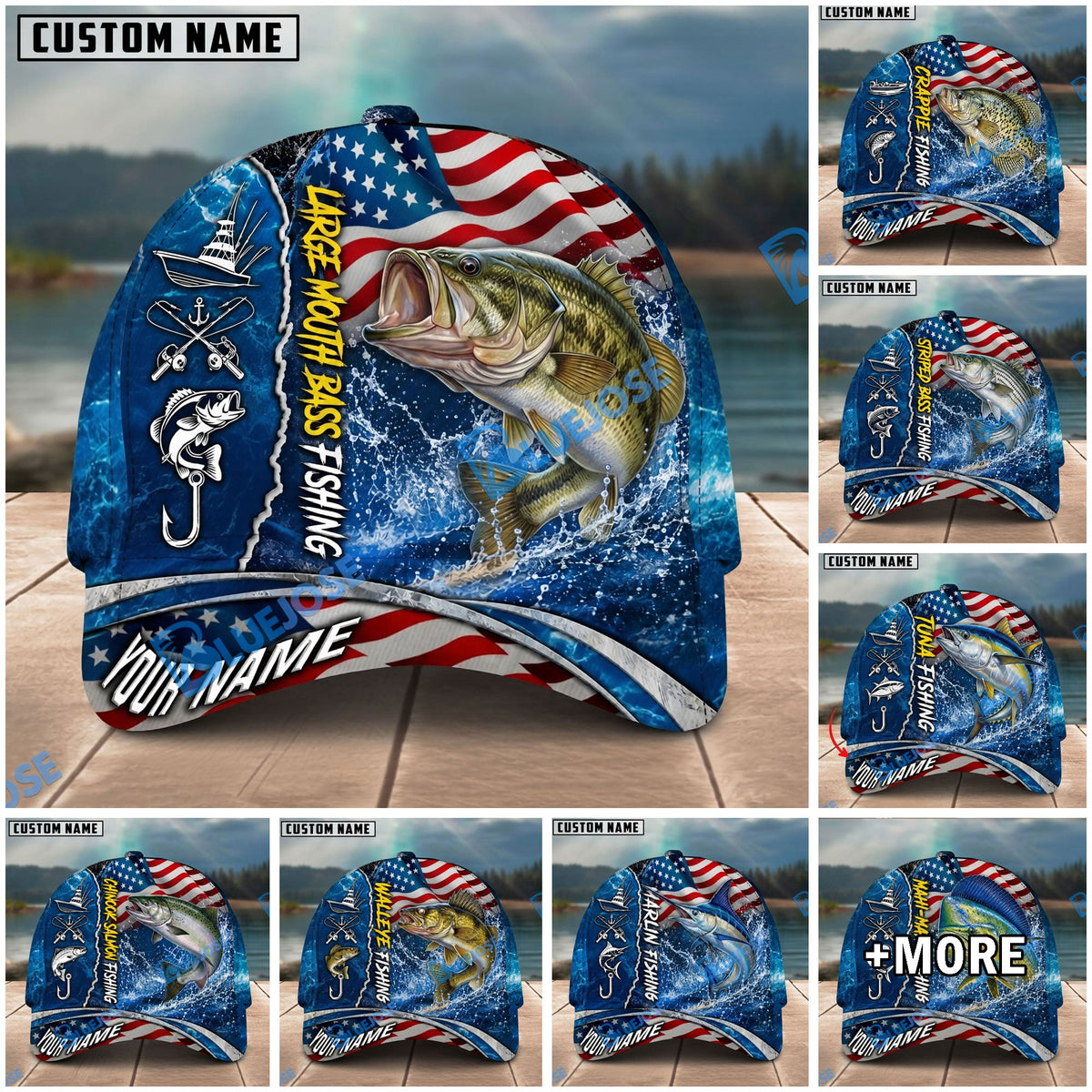 BlueJose Fishing American Flag Blue Ocean Personalized Name Classic 3D Cap Personalized Cap (13 Breeds)