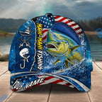 BlueJose Fishing American Flag Blue Ocean Personalized Name Classic 3D Cap Personalized Cap (13 Breeds)