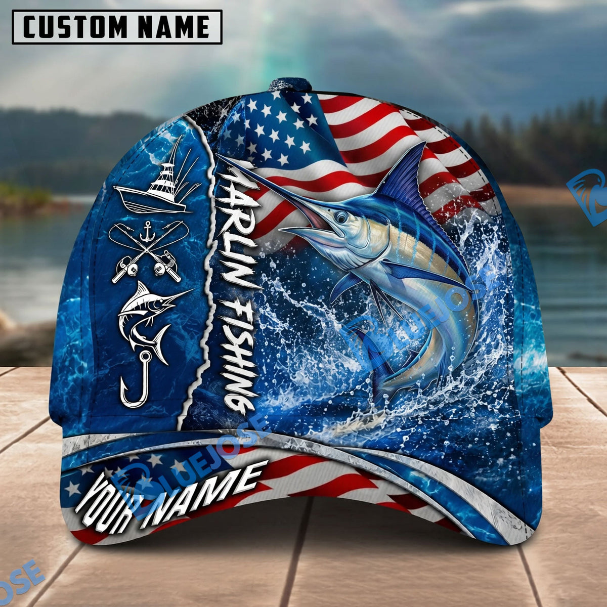 BlueJose Fishing American Flag Blue Ocean Personalized Name Classic 3D Cap Personalized Cap (13 Breeds)