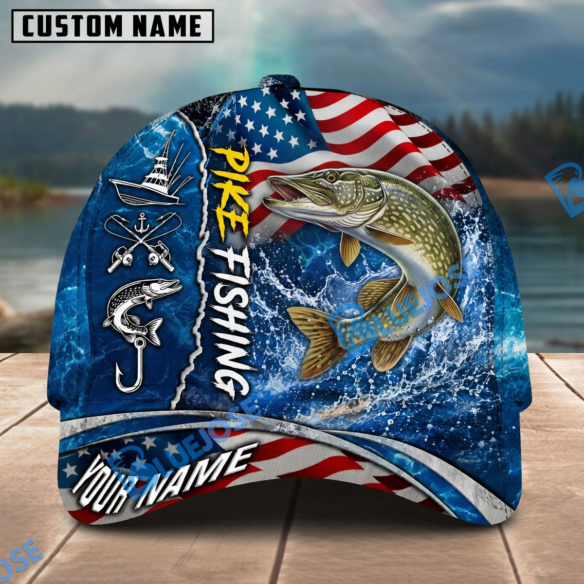 BlueJose Fishing American Flag Blue Ocean Personalized Name Classic 3D Cap Personalized Cap (13 Breeds)