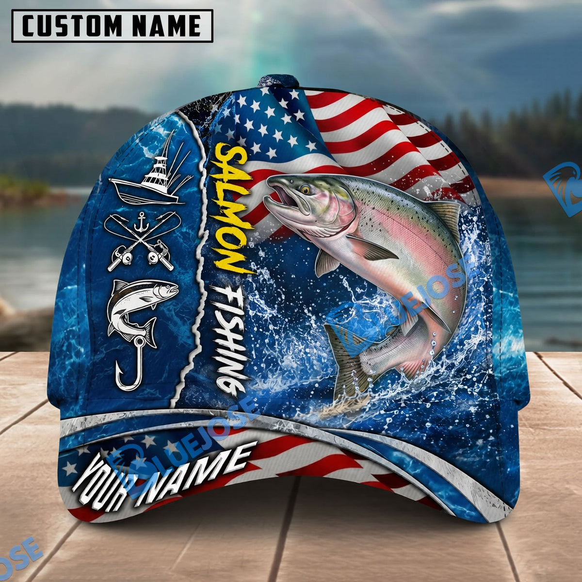 BlueJose Fishing American Flag Blue Ocean Personalized Name Classic 3D Cap Personalized Cap (13 Breeds)