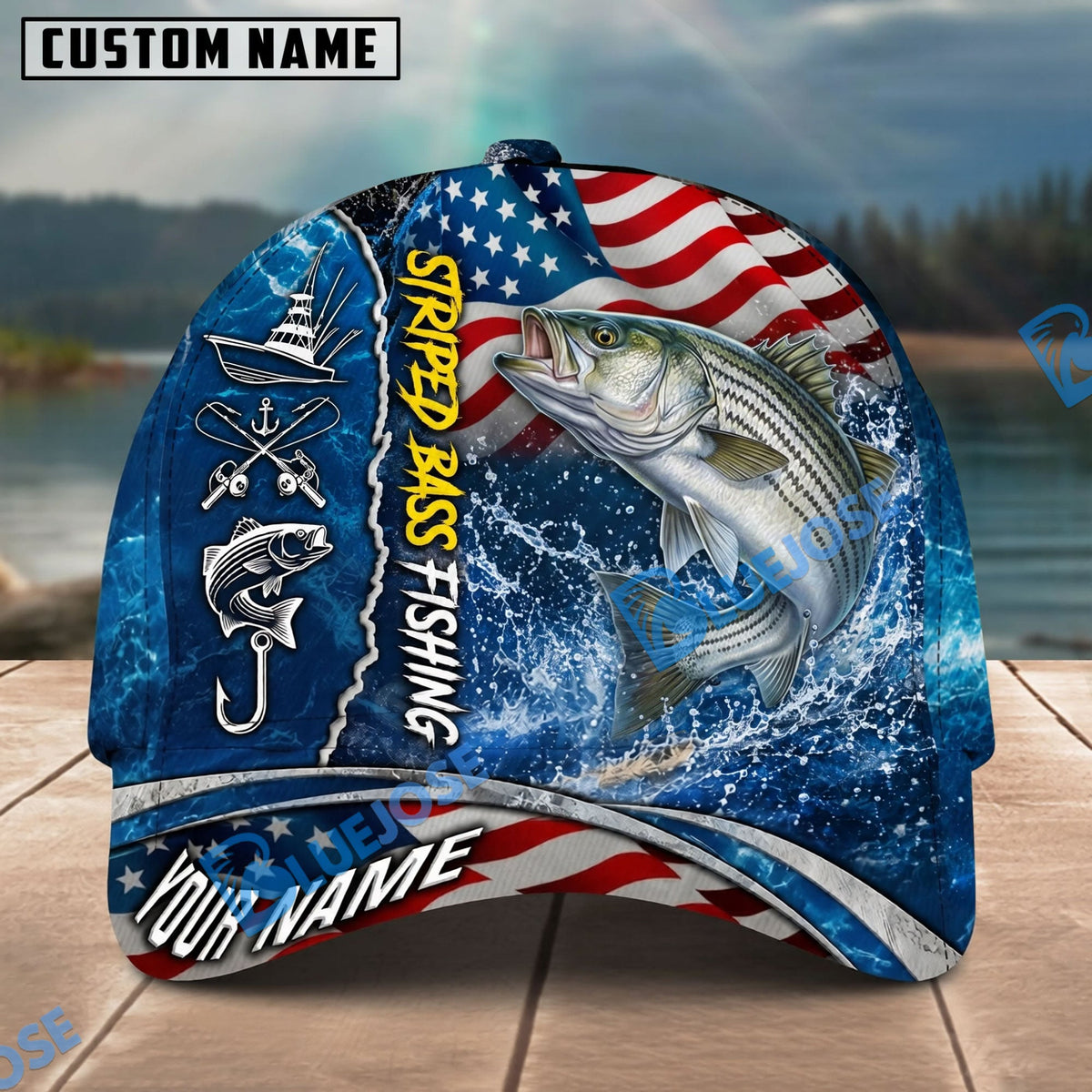 BlueJose Fishing American Flag Blue Ocean Personalized Name Classic 3D Cap Personalized Cap (13 Breeds)