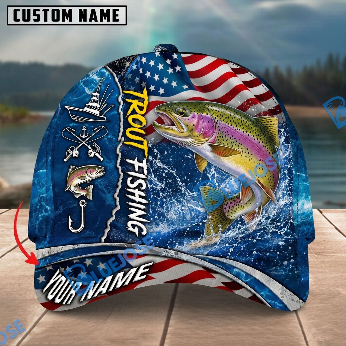 BlueJose Fishing American Flag Blue Ocean Personalized Name Classic 3D Cap Personalized Cap (13 Breeds)