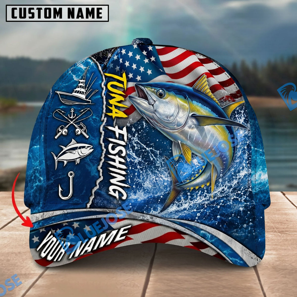 BlueJose Fishing American Flag Blue Ocean Personalized Name Classic 3D Cap Personalized Cap (13 Breeds)