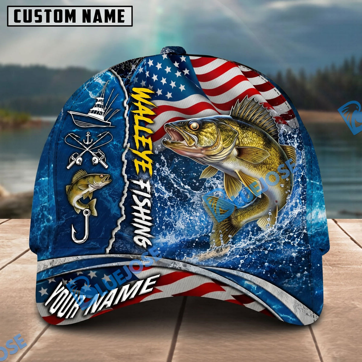 BlueJose Fishing American Flag Blue Ocean Personalized Name Classic 3D Cap Personalized Cap (13 Breeds)