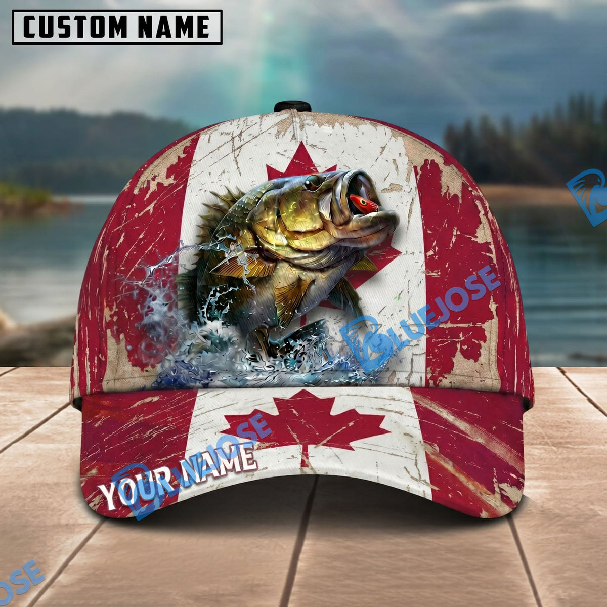 BlueJose Fishing Grunge Canadian Flag Personalized Name Classic 3D Cap Personalized Cap (13 Breeds)