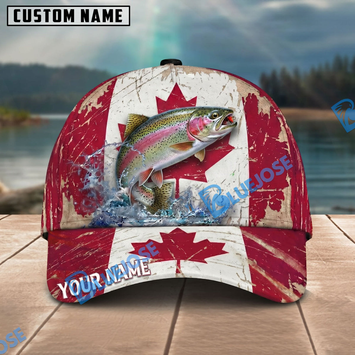 BlueJose Fishing Grunge Canadian Flag Personalized Name Classic 3D Cap Personalized Cap (13 Breeds)
