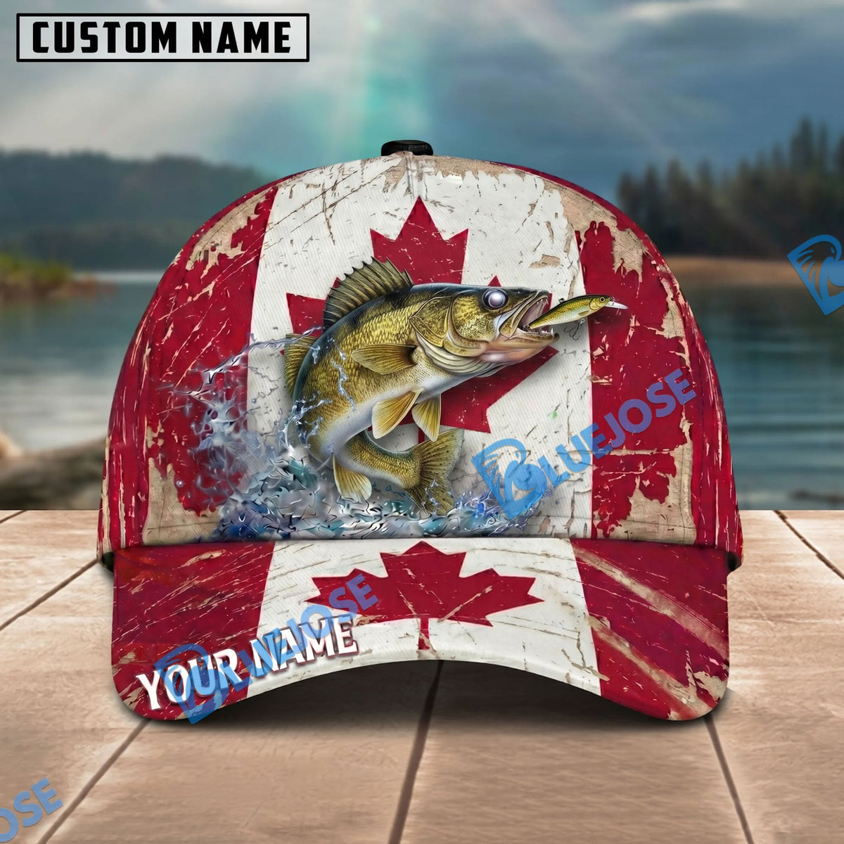 BlueJose Fishing Grunge Canadian Flag Personalized Name Classic 3D Cap Personalized Cap (13 Breeds)