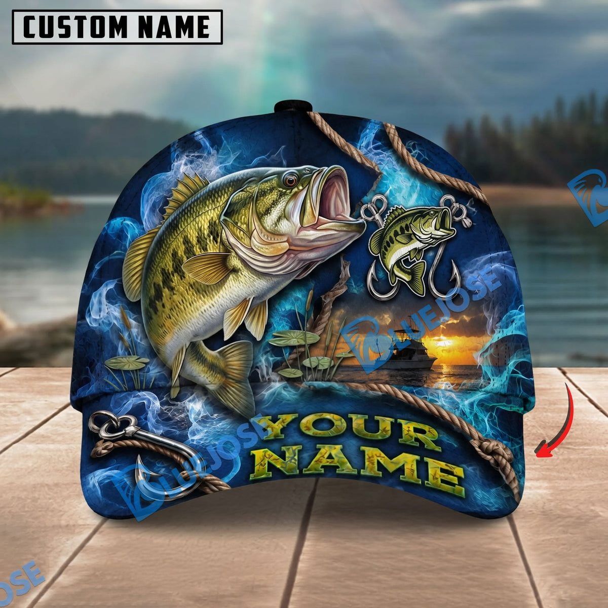BlueJose Fishing Navy Smoke Hook Sunset Personalized Name Classic 3D Cap Personalized Cap (13 Breeds)