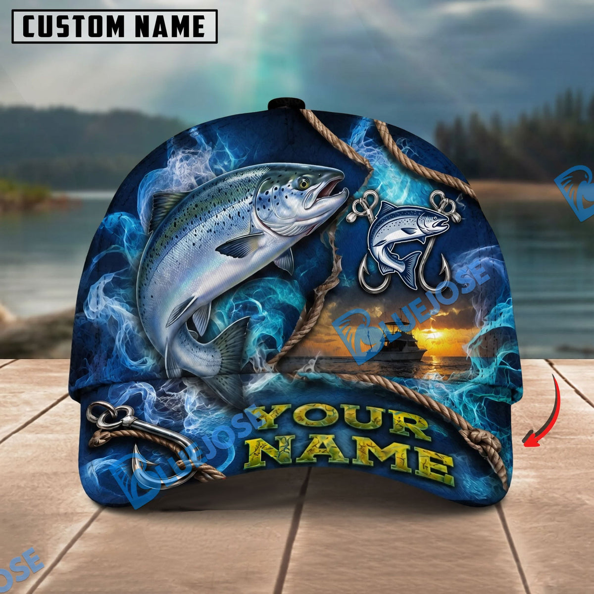BlueJose Fishing Navy Smoke Hook Sunset Personalized Name Classic 3D Cap Personalized Cap (13 Breeds)